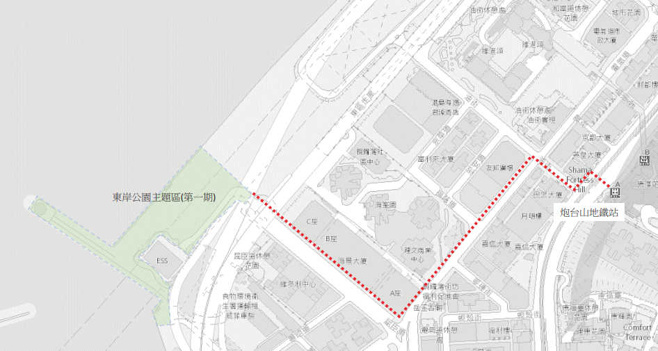 東岸公園鄰近炮台山港鐵站。