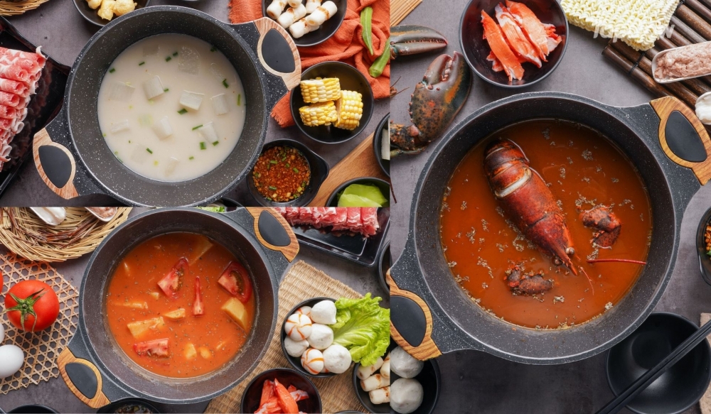 湯底款款不同，包括：鮮龍蝦濃湯、番茄薯仔豚骨濃湯、木魚昆布、泰式冬陰功湯等。