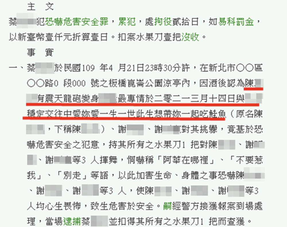 男生在公園忽然遭一名醉酒漢持刀恐嚇,事後醉漢被捕,此事亦被帶到法院處理。