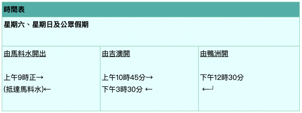 馬料水往返吉澳/鴨洲渡輪時間表。