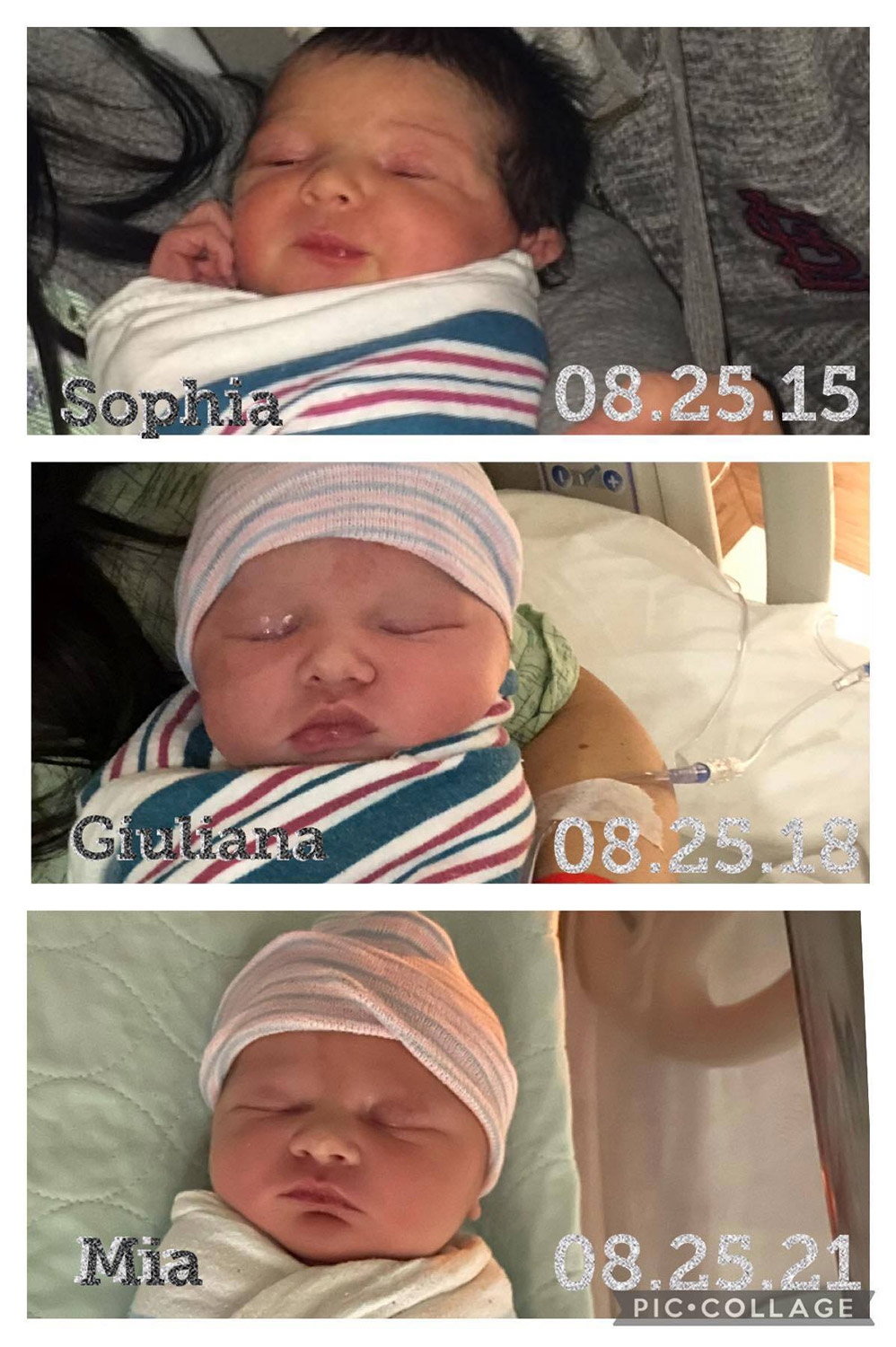3名同月同日生的女兒,分別是6歲Sophia、3歲Giuliana以及2個月大的Mia。