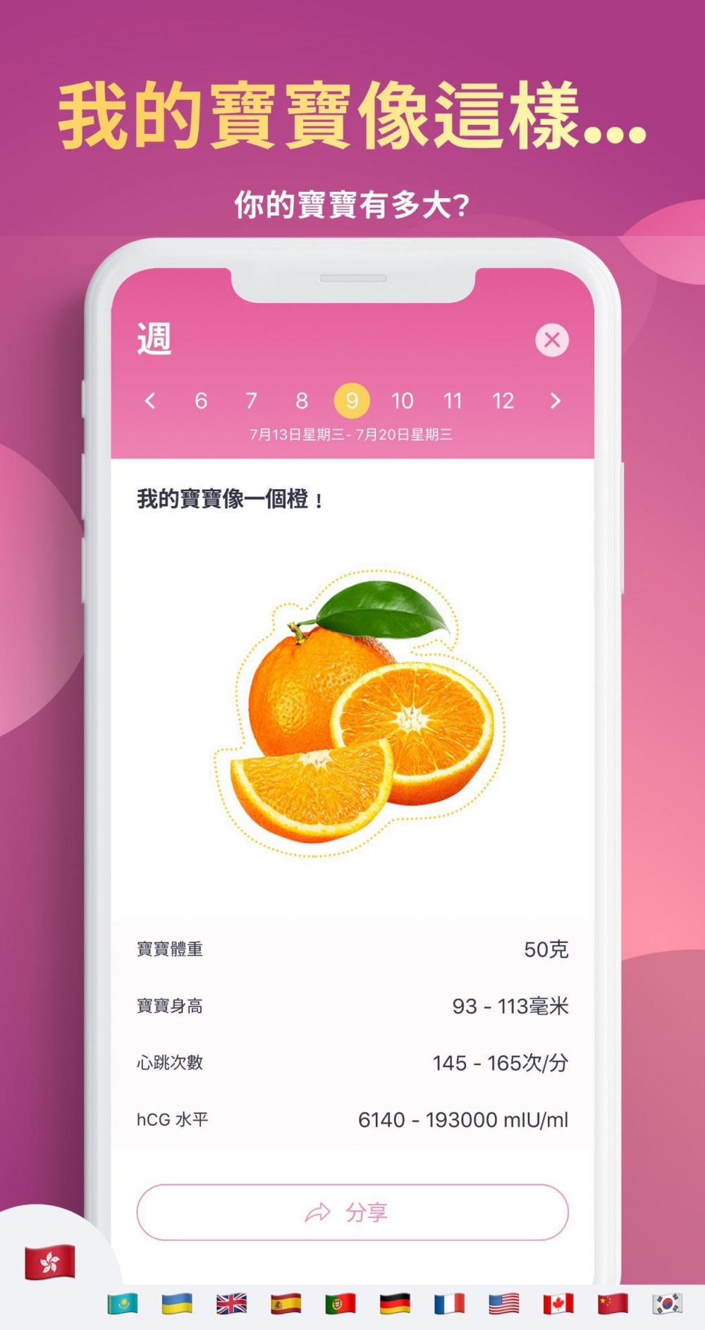 每週更新包胎兒大小。