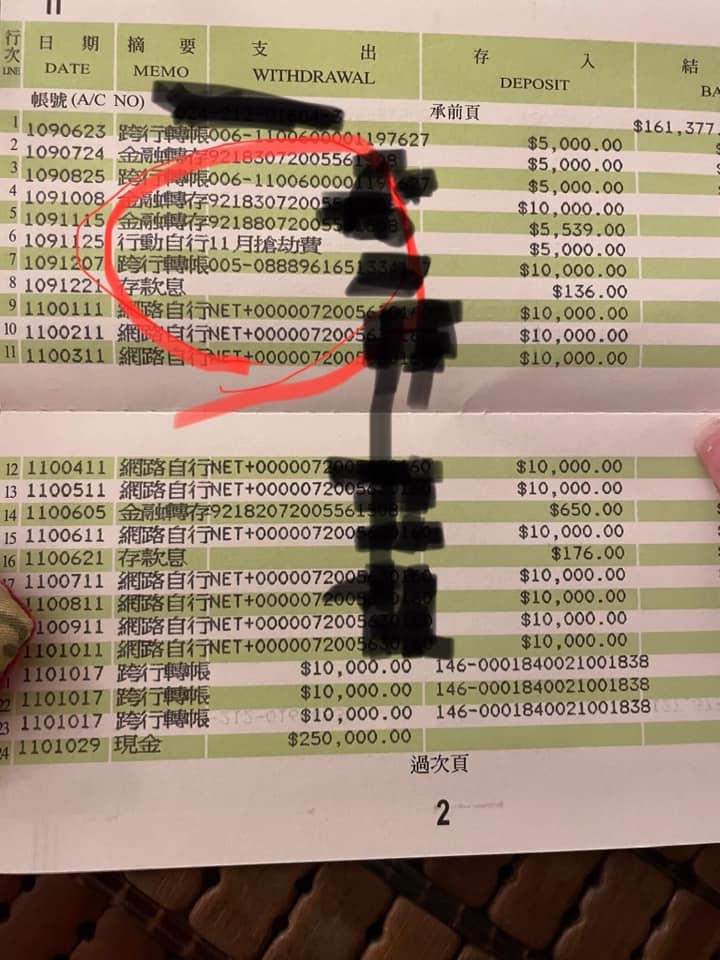 台灣有位媽媽近日到銀行打簿時，驚覺當中竟有一項交易名為「搶劫費」。