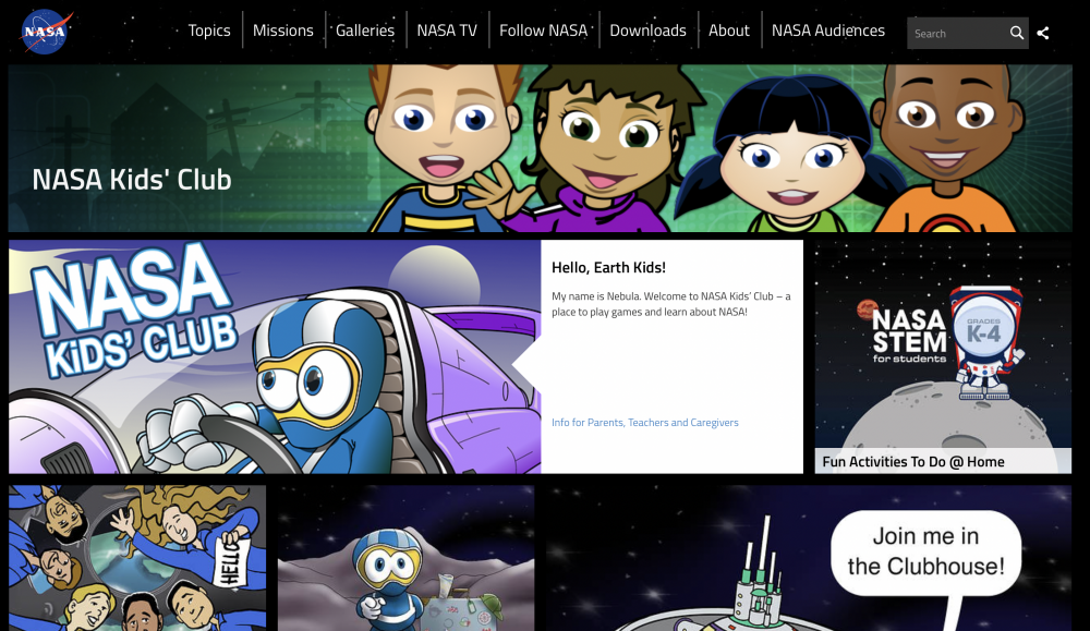 NASA Kid’s Club以兒童視角介紹科學等知識。
