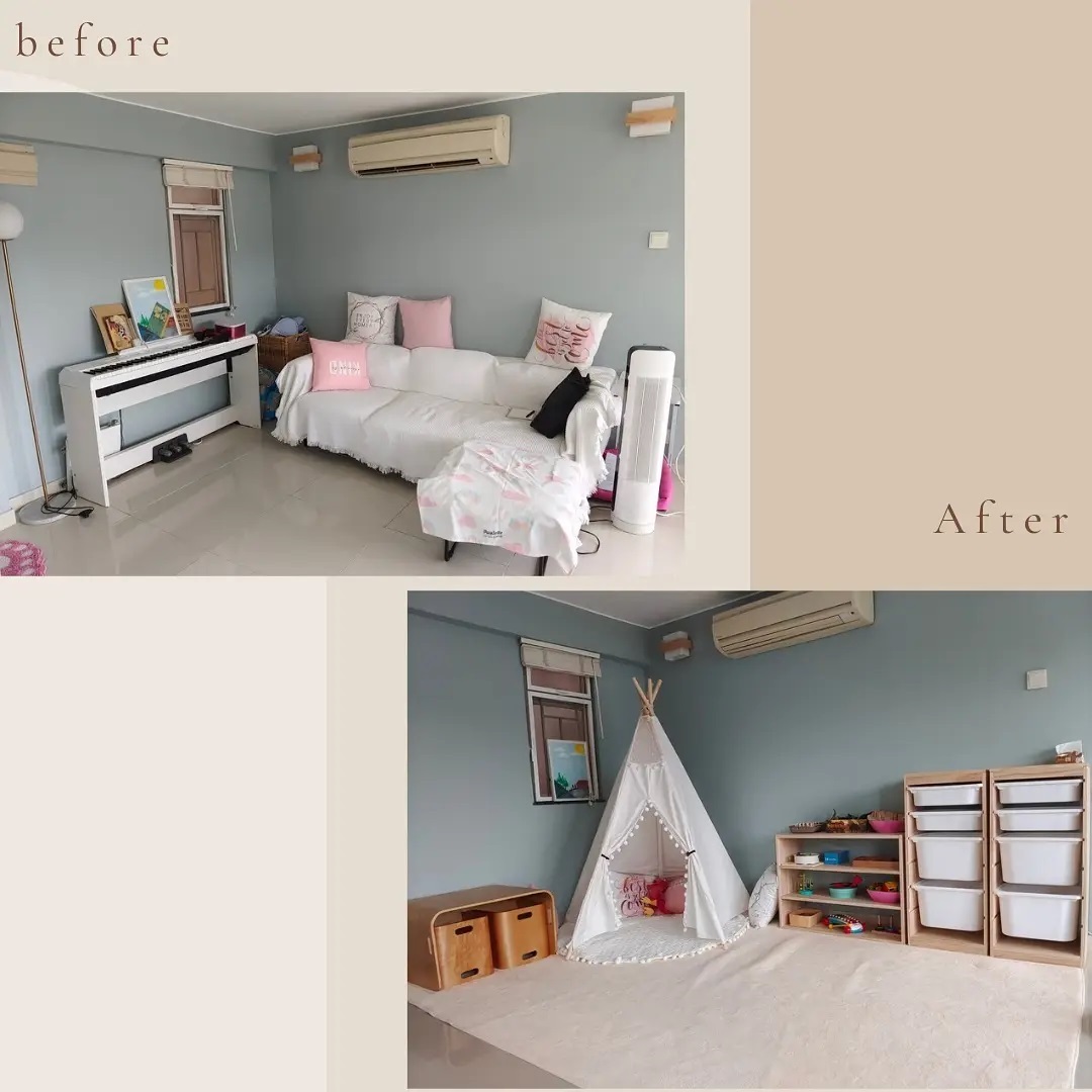 把客廳重新打造,把玩樂區和玩具收納移出來。