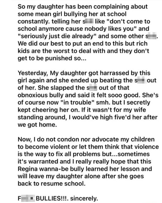 父親分享女兒被霸凌反擊的經歷，遭到網友公審。