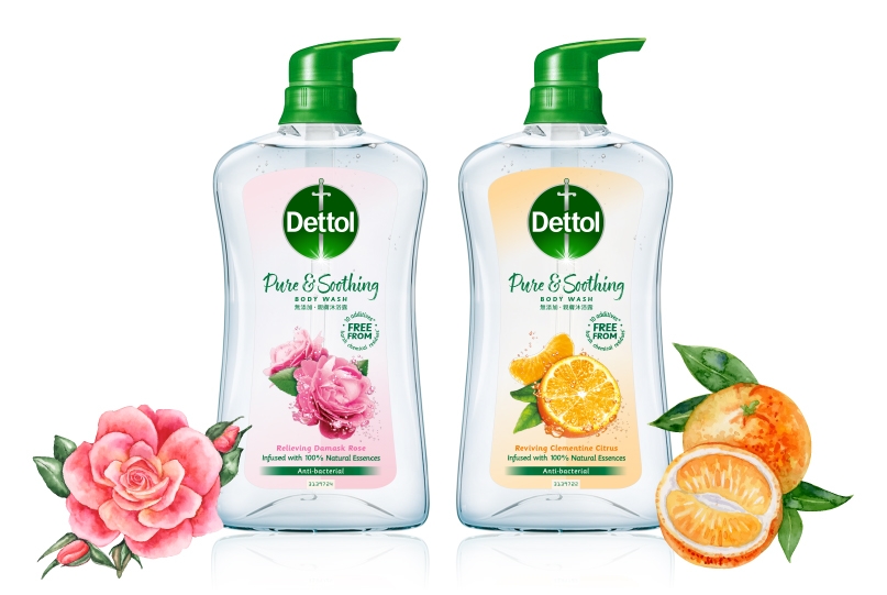 滴露無添加*‧親膚沐浴露具有10大無添加保證*,透明清爽配方,帶天然香味,3歲以上小朋友適用,連大朋友都可以用,一支搞掂,慳位方便。備有(左)純植萃大馬士革玫瑰香及(右)活萃柑橘甜橙香兩款選擇。