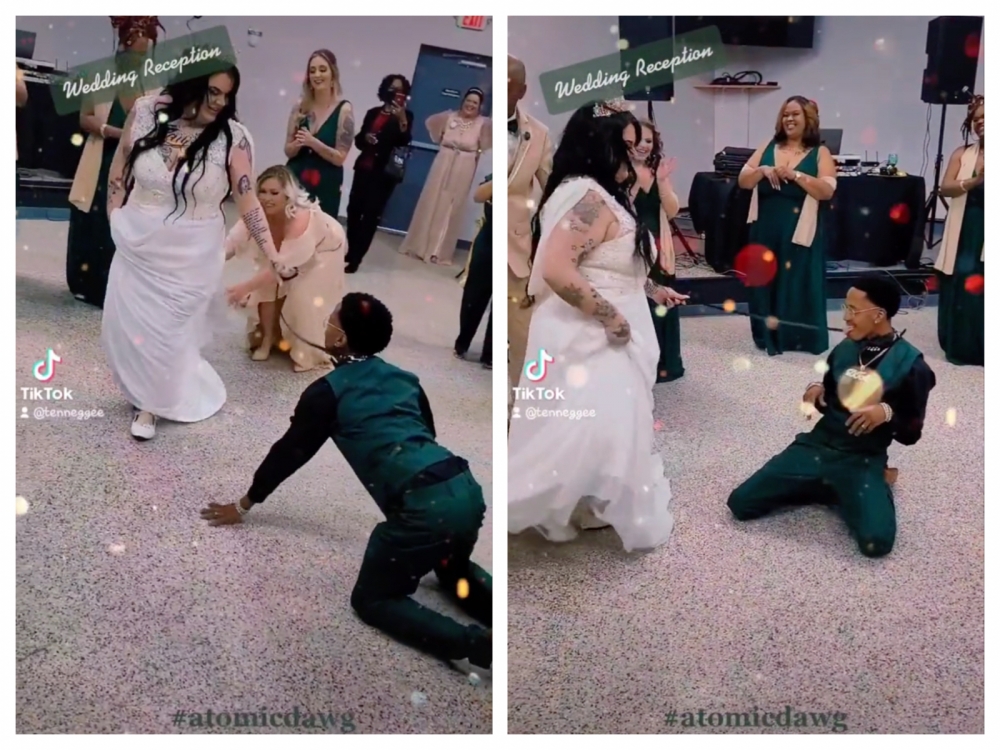 國外一名黑人新郎扮成狗，匍匐在地，由白人新娘用繩子牽引。