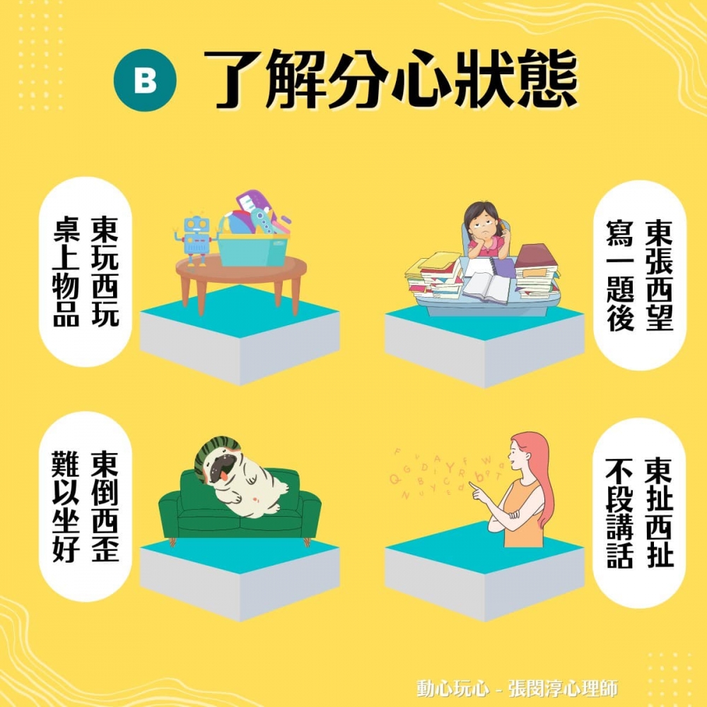 除了「東玩西玩桌上物品」,其實「寫一題後東張西望」、「難以坐好東倒西歪」都反映孩子正在分心。
