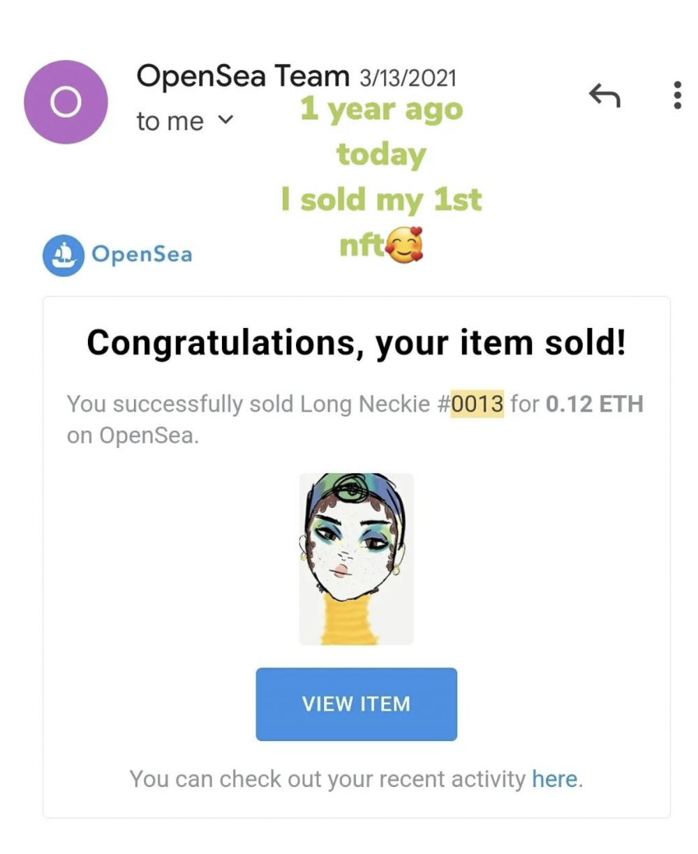 去年3月，她在Opensea成功交易第一幅作品。