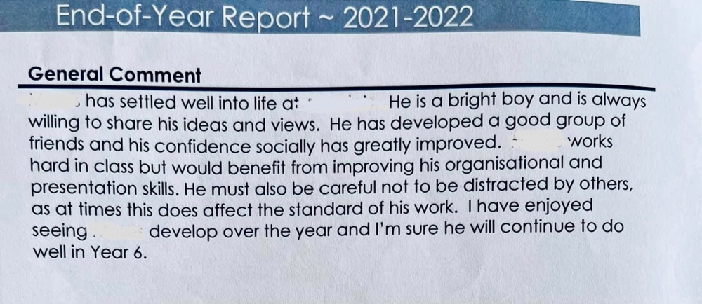 學校報告用了不少篇幅，形容兒子過去一年的學習情況。