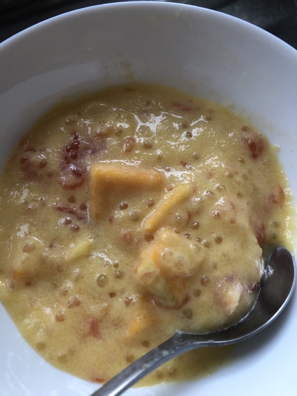 睇片第一次整楊枝甘露，好處是甜味由我較，不會太甜，仲好有生果味添！