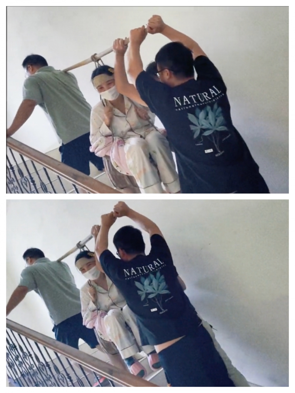 三個男人負責抬李女士上樓,包括老公和爸爸、哥哥。