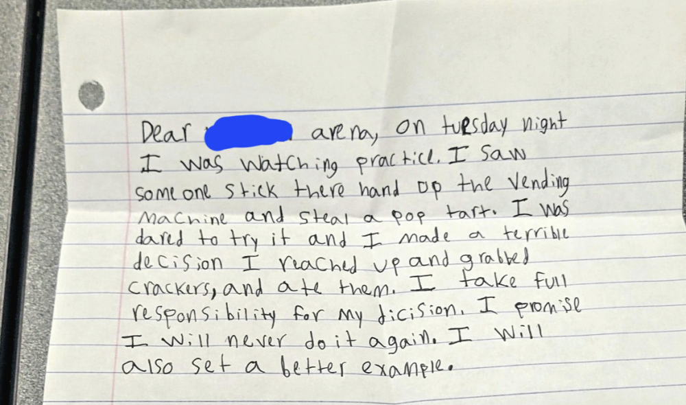 男子上班時收到一張匿名手寫信，對方透露自己偷了自動售賣機的零食，因此要道歉及賠償。