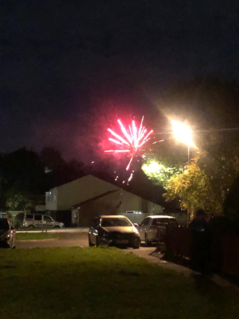 只見煙花很大朵,紅白綠紫,在漆黑夜空炸出不同色彩,再散成點點光點,非常夢幻。