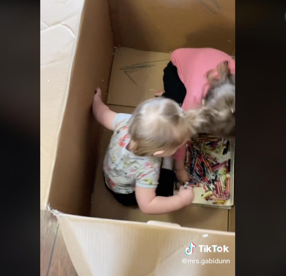 女兒們很快發現可以在紙箱內大畫特畫。