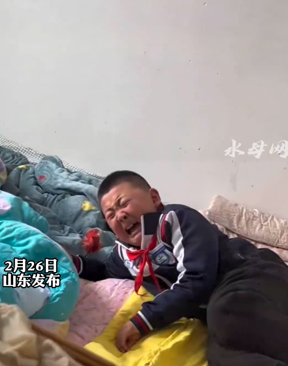 從影片可見，男童放學回到家，一見到水餃就忍不住大哭起來。