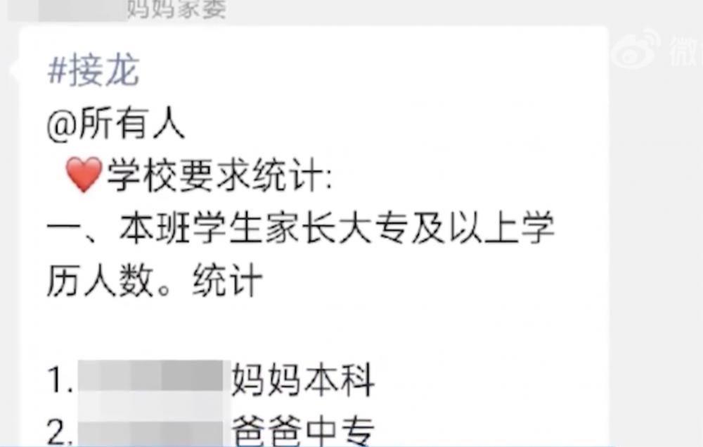 老師在家長群組要求家長們提供學歷及職業信息。