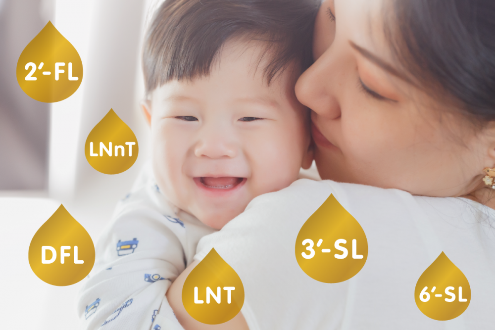 2'-Fucosyllactose (2'-FL), Lacto-N-neotetraose (LNnT), Difucosyllactose (DFL), Lacto-N-tetraose (LNT), 3'-Sialyllactose (3'-SL), 6'-Sialyllactose (6'-SL)