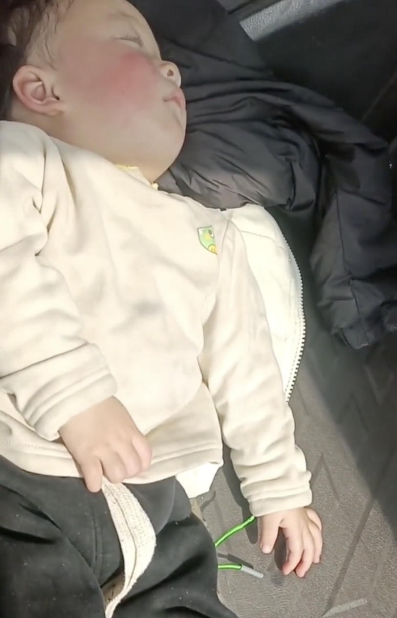 女兒累了就會在後座睡覺休息。